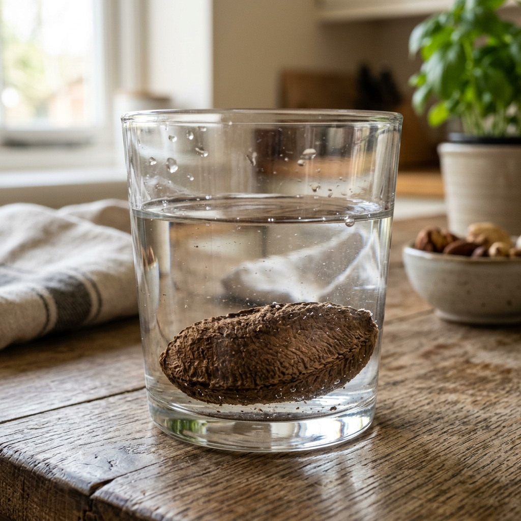 Whole almond submerged in water inside a clear glass on wooden table